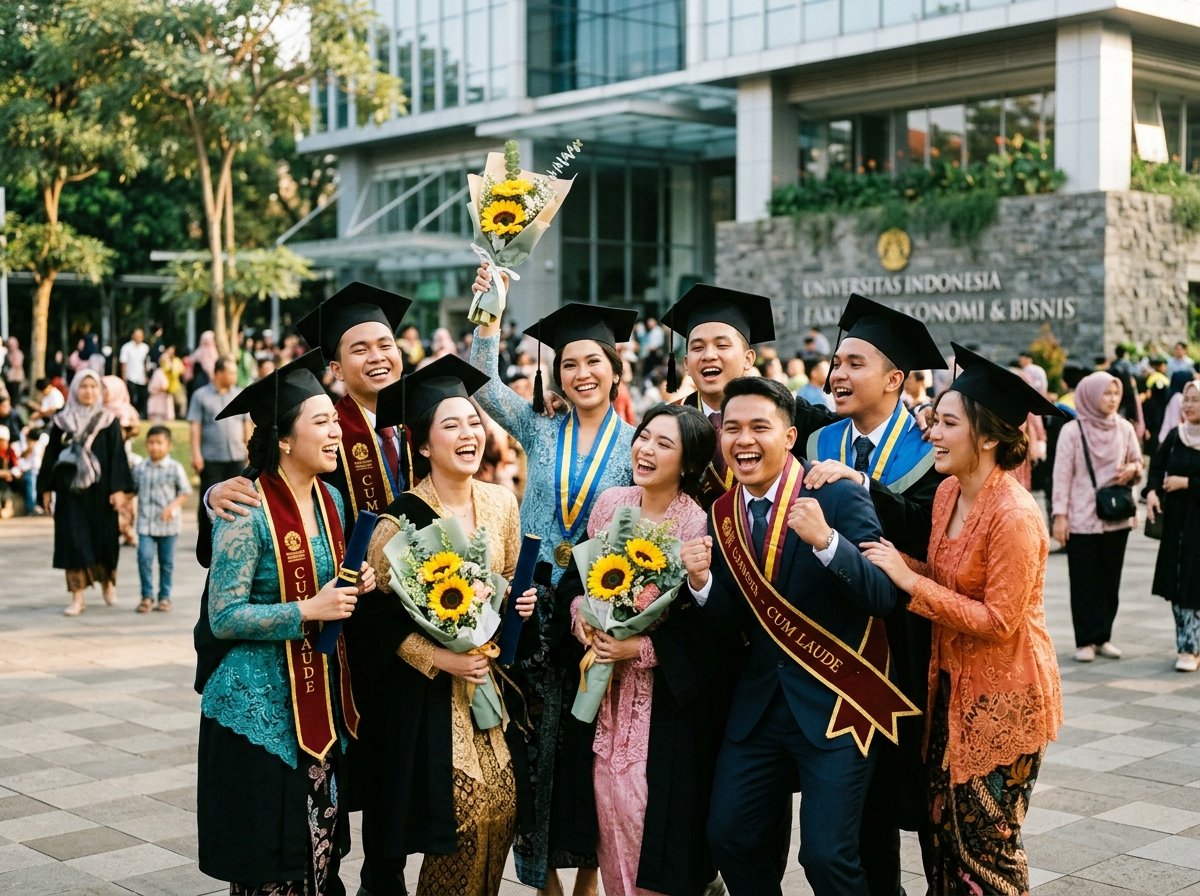 Kegembiraan wisudawan bersama sahabat mengenakan toga & kebaya